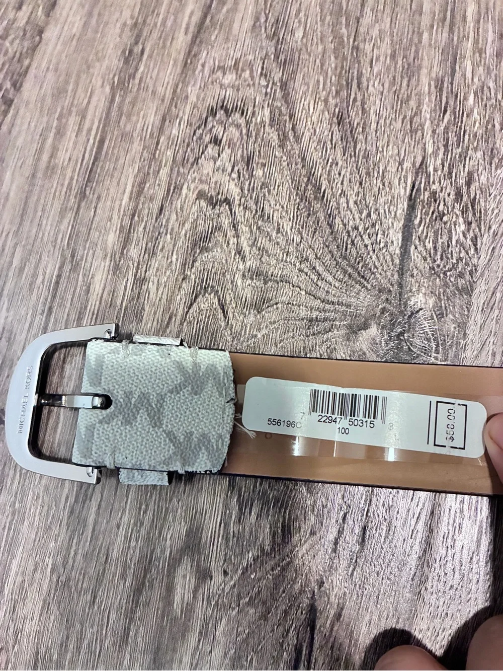 Michael Kors White MK Monogram Leather Belt with Silver Buckle